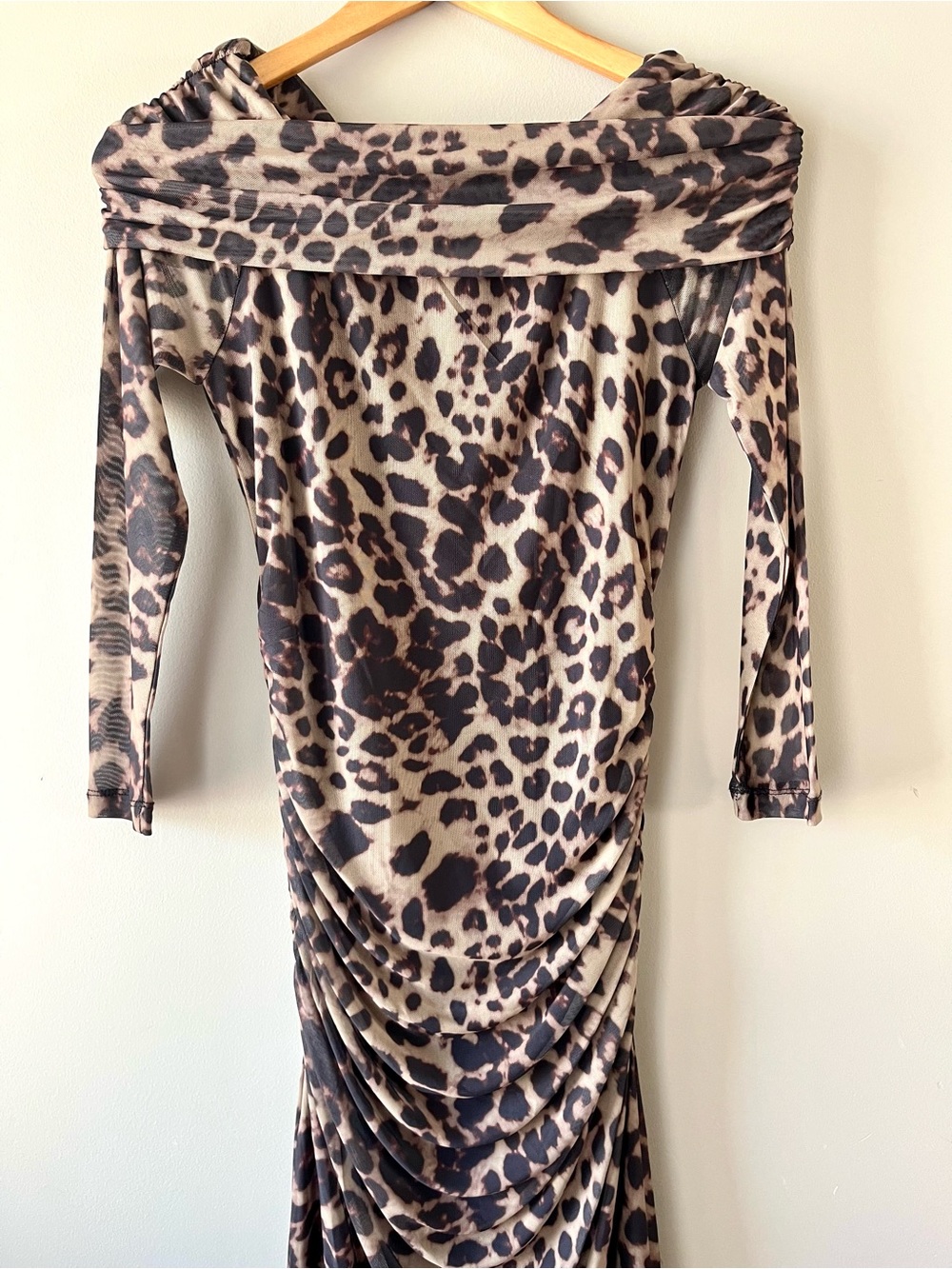 BNWOT ICHI Leopard-print Midi Dress Mesh Ruching Bardot Neck Size Small - Picture 7 of 12